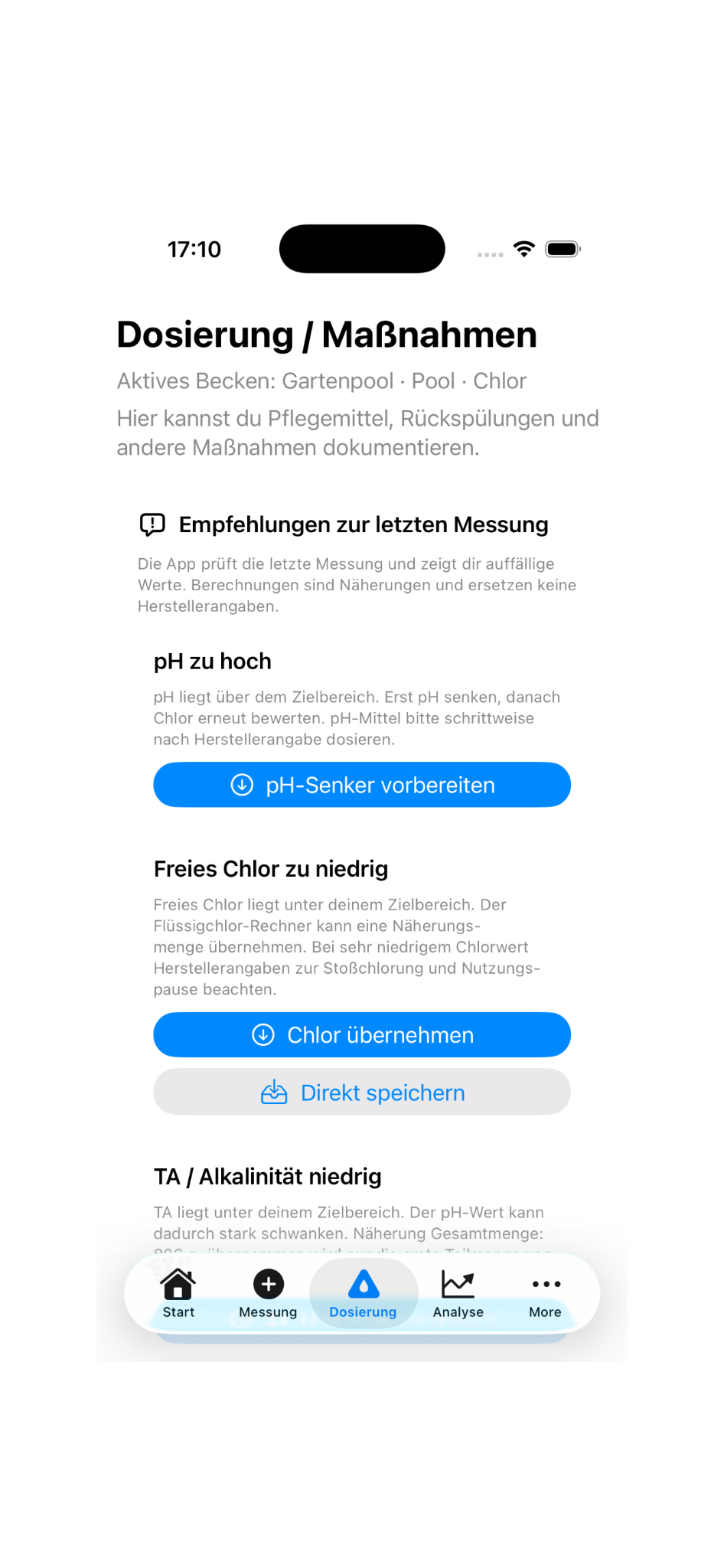 Screenshot: Dosierung und Maßnahmen in Pool & Spa Kompass
