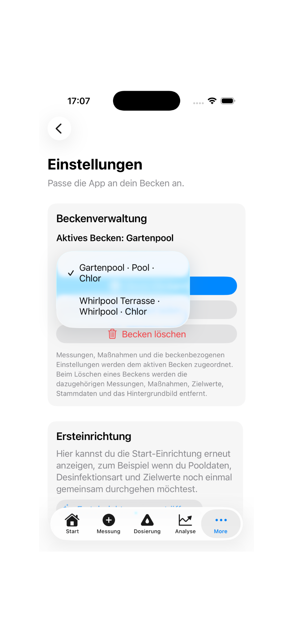 Screenshot: Einstellungen und Beckenverwaltung der Pool App