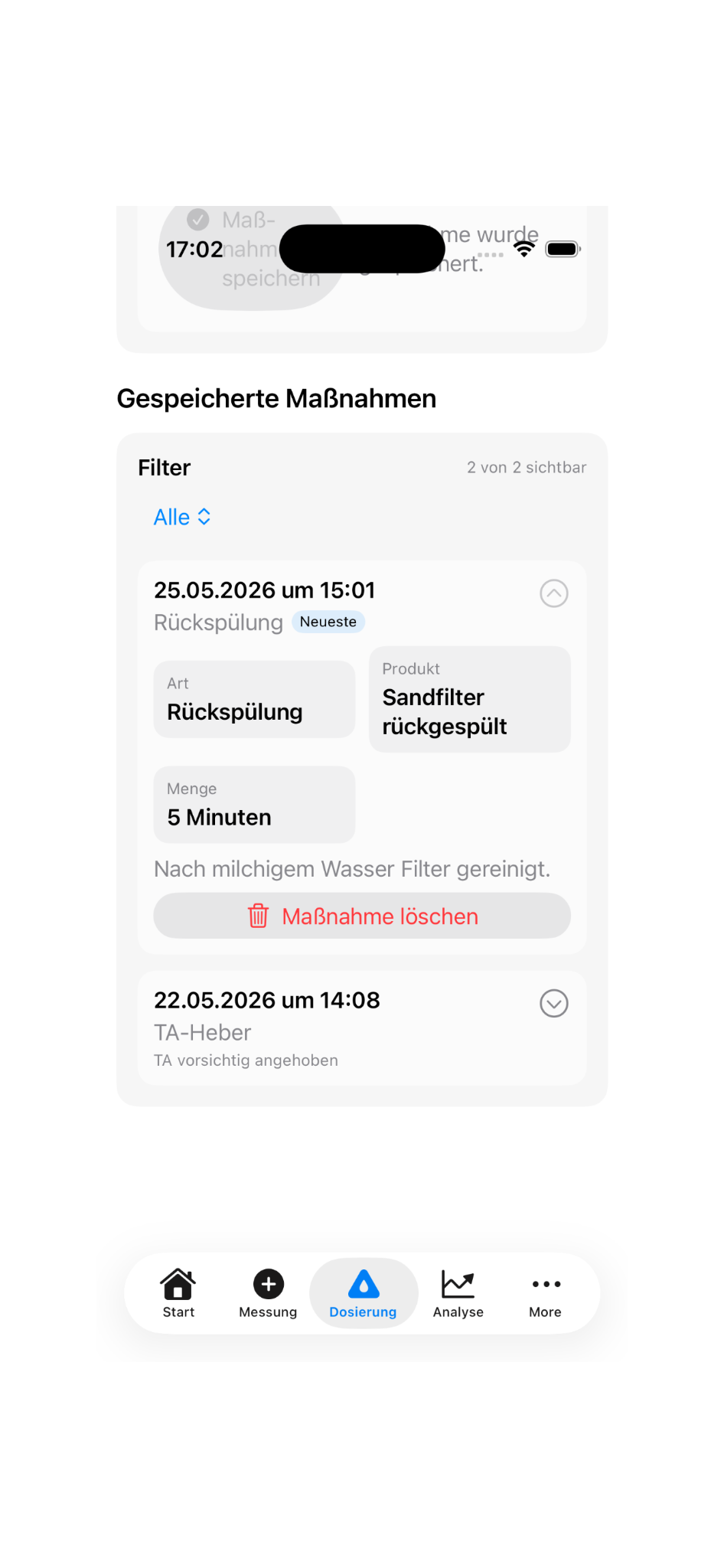 Screenshot: gespeicherte Poolpflege-Maßnahmen und Historie