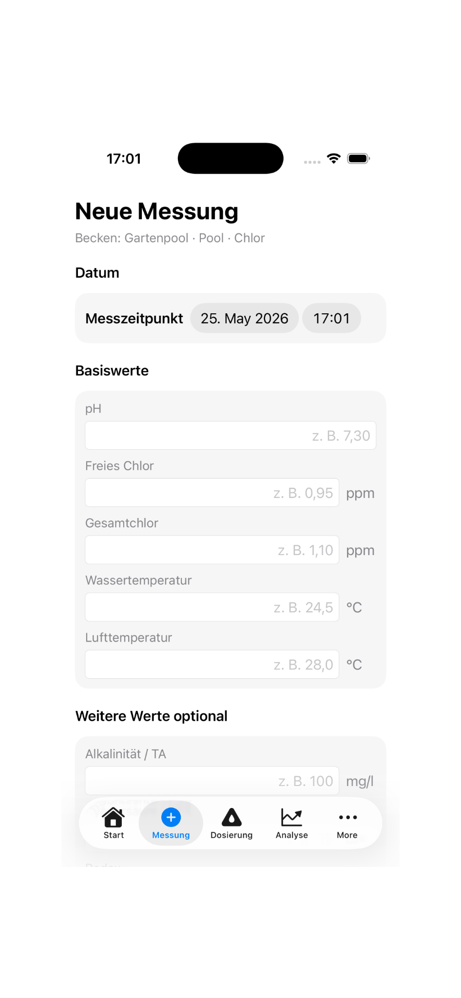 Screenshot: Neue Messung in der Poolpflege App mit pH, Chlor, TA und Temperatur